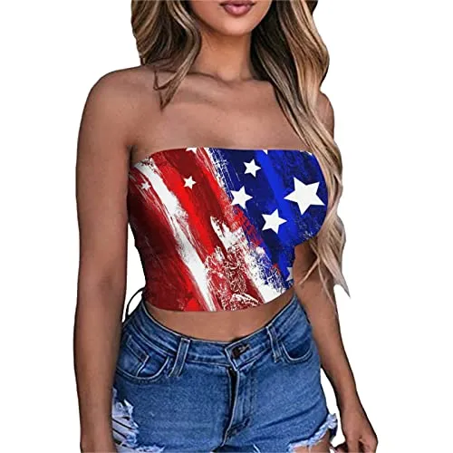 4th of July Shirts Women,Cute Crop Tube Tops Classic American Flag Patriotic Shirts Vintage Red White and Blue American Flag Blouse Casual Fourth of July Independence Day Tee(A-Red,Medium)