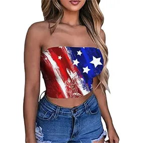 4th of July Shirts Women,Cute Crop Tube Tops Classic American Flag Patriotic Shirts Vintage Red White and Blue American Flag Blouse Casual Fourth of July Independence Day Tee(A-Red,Medium)