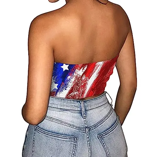 4th of July Shirts Women,Cute Crop Tube Tops Classic American Flag Patriotic Shirts Vintage Red White and Blue American Flag Blouse Casual Fourth of July Independence Day Tee(A-Red,Medium)