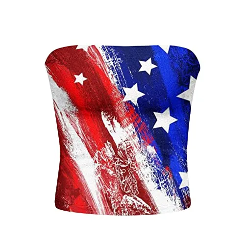 4th of July Shirts Women,Cute Crop Tube Tops Classic American Flag Patriotic Shirts Vintage Red White and Blue American Flag Blouse Casual Fourth of July Independence Day Tee(A-Red,Medium)