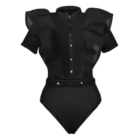 Black Gothic Sexy One Piece Mesh Sashes Romper
