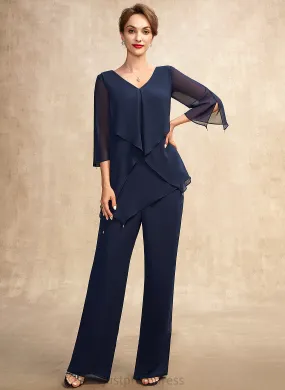 Floor-Length Bride Chiffon V-neck With the of Dress Mother Jumpsuit/Pantsuit Mother of the Bride Dresses Tess Ruffles Cascading