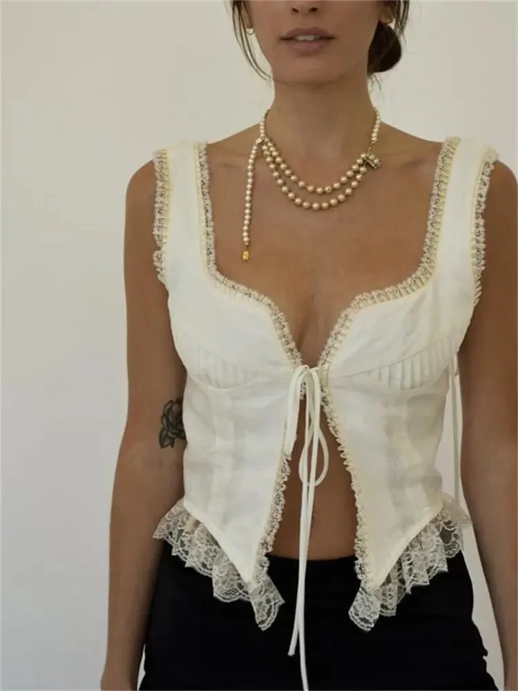 Lace Patchwork  Sleeveless Tie-Up Tank Top