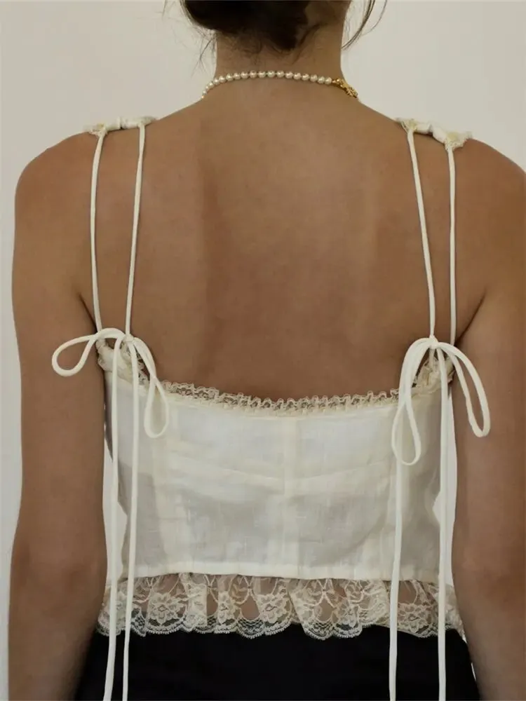 Lace Patchwork  Sleeveless Tie-Up Tank Top
