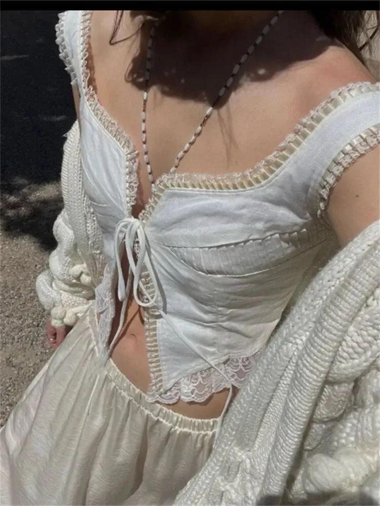 Lace Patchwork  Sleeveless Tie-Up Tank Top