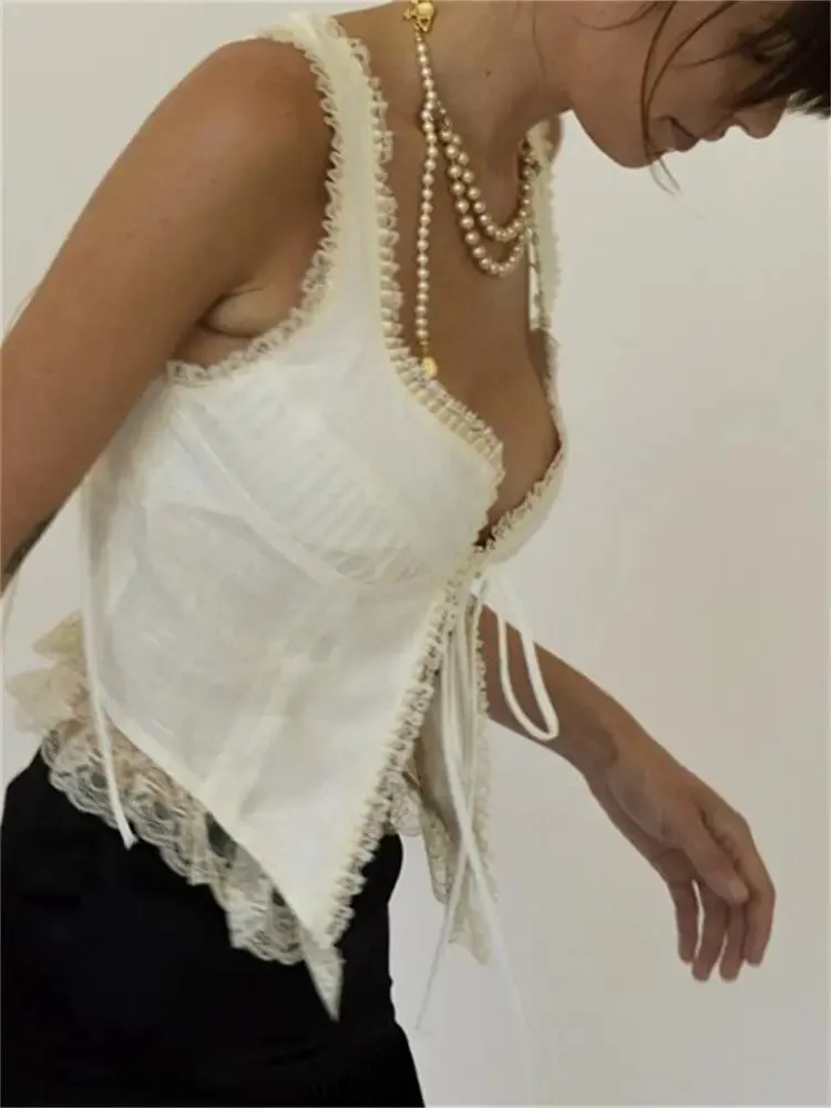 Lace Patchwork  Sleeveless Tie-Up Tank Top