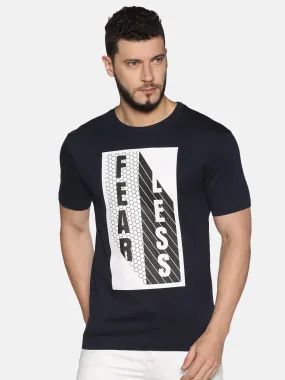 Men Navy Blue Front Typographic Printed Round Neck Organic Pure Cotton Half Sleeve Regular Fit Casual T-Shirt
