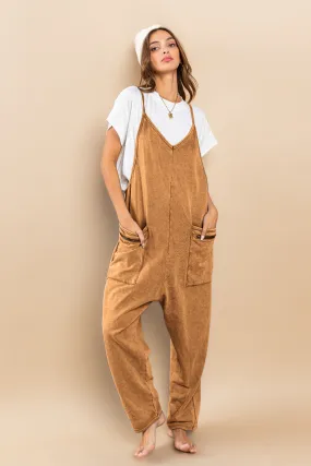 Mocha Mineral Washed French Terry Harem Jumpsuit