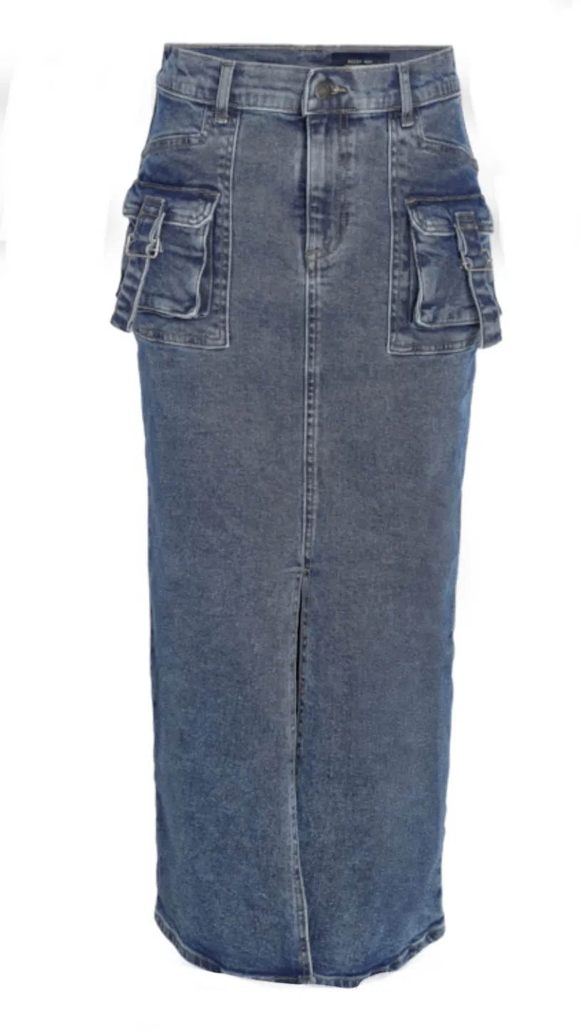 NM JAIDA LONG DENIM CARGO SKIRT - MEDIUM BLUE