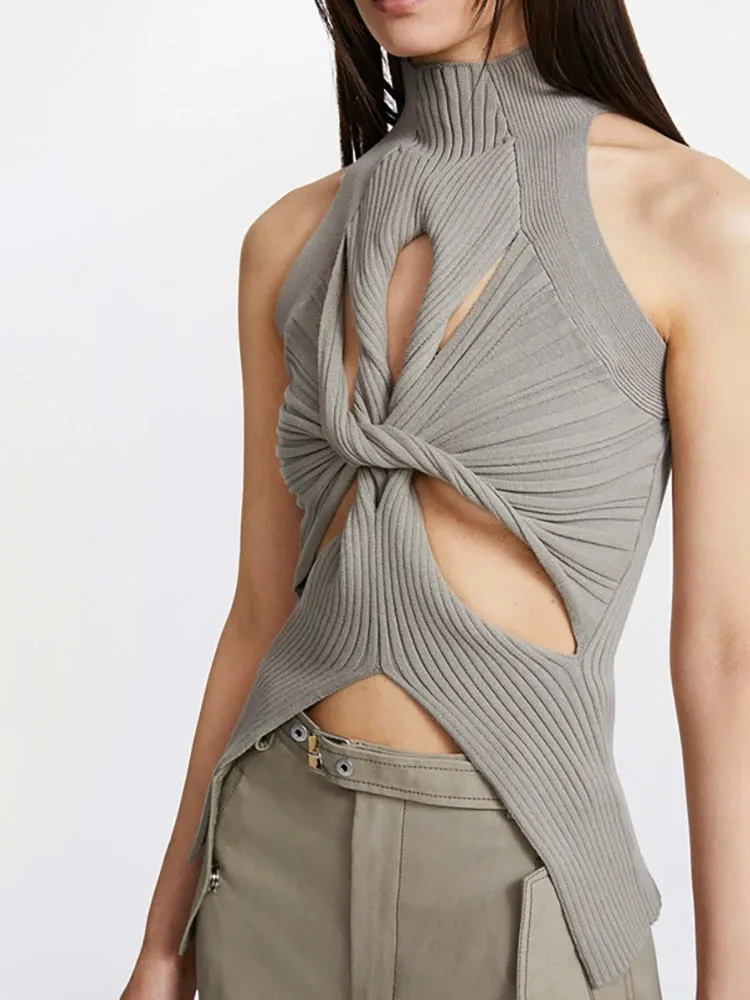 Summer Women's Knitted Tops New Fashion High Collar Hollow Out Kint Tops