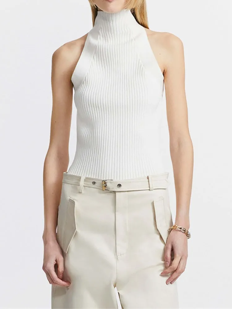 Summer Women's Knitted Tops New Fashion High Collar Hollow Out Kint Tops