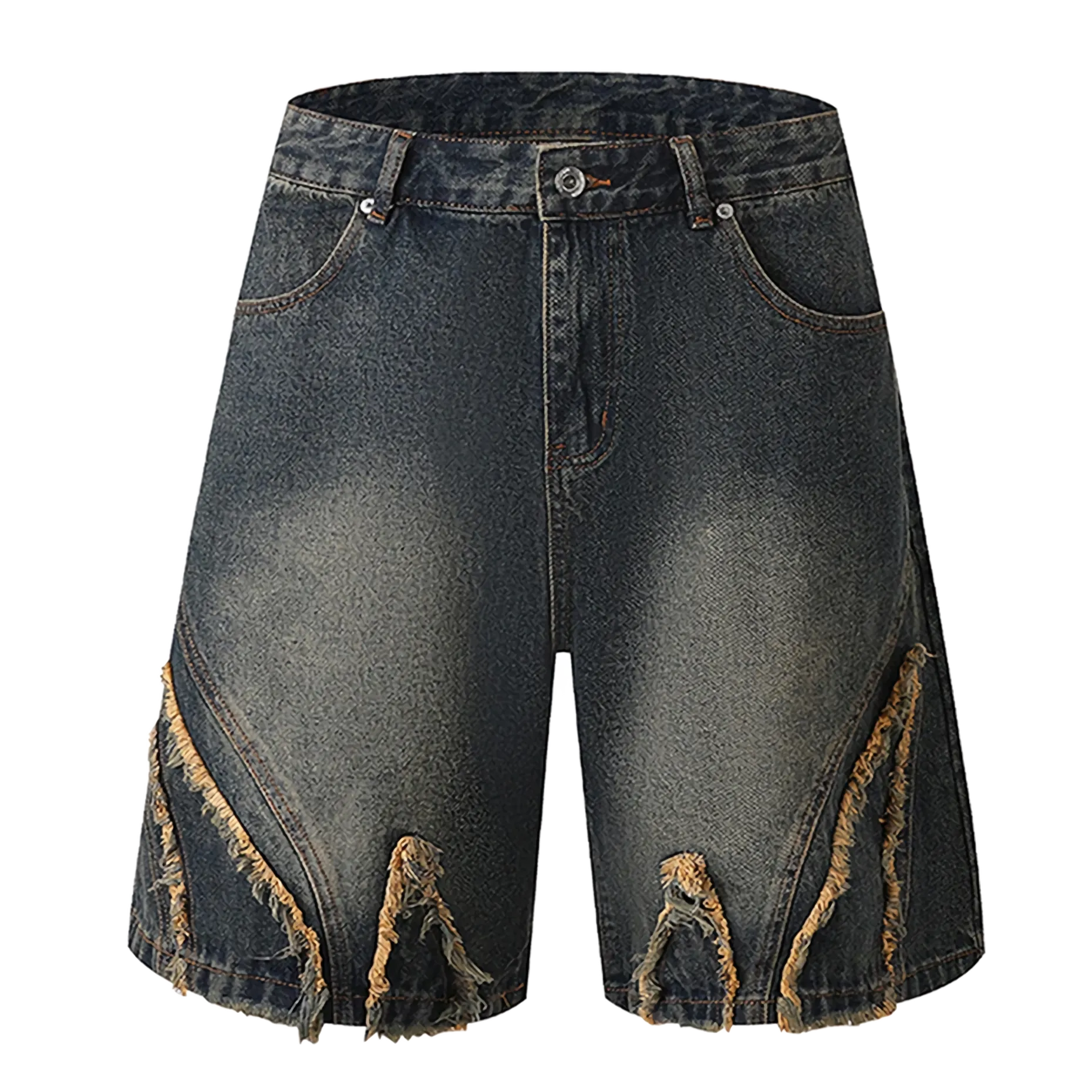 Vintage Fade Paneled Raw Edge Denim Shorts