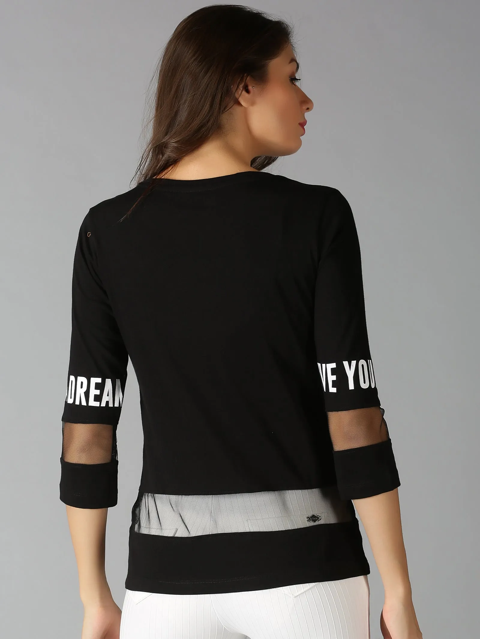 Women Black Typographic Printed Round Neck Casual T-Shirt