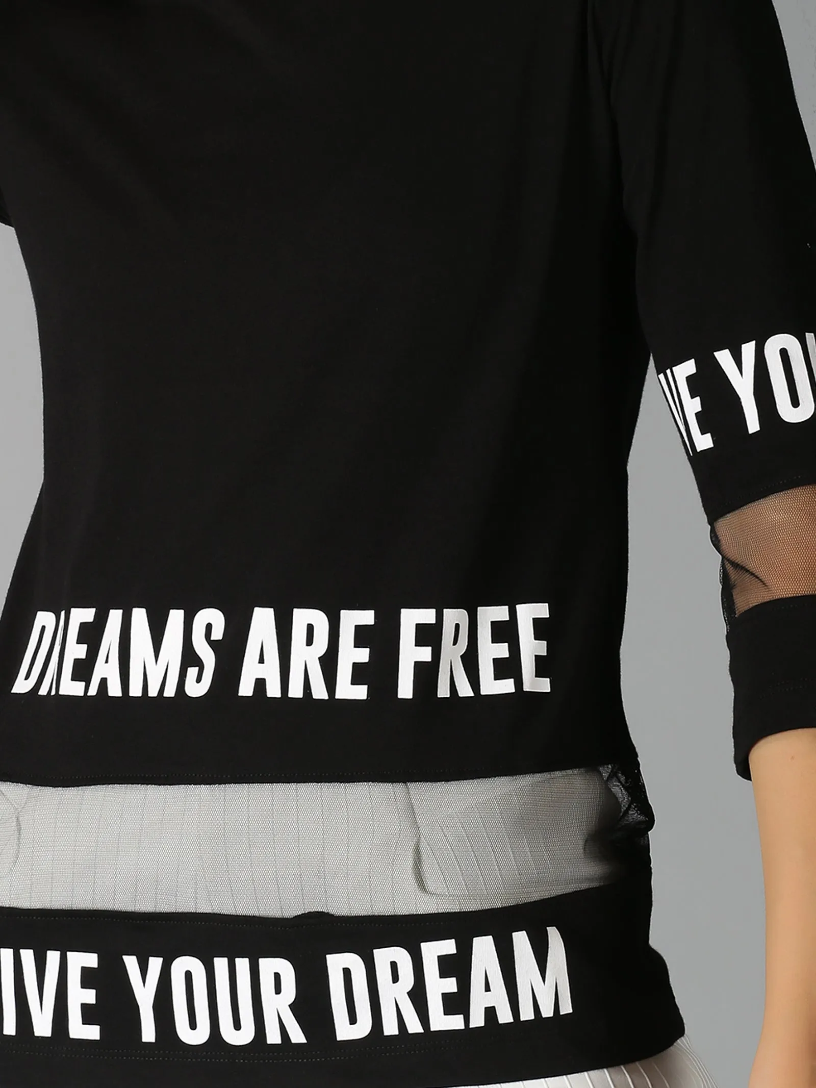 Women Black Typographic Printed Round Neck Casual T-Shirt