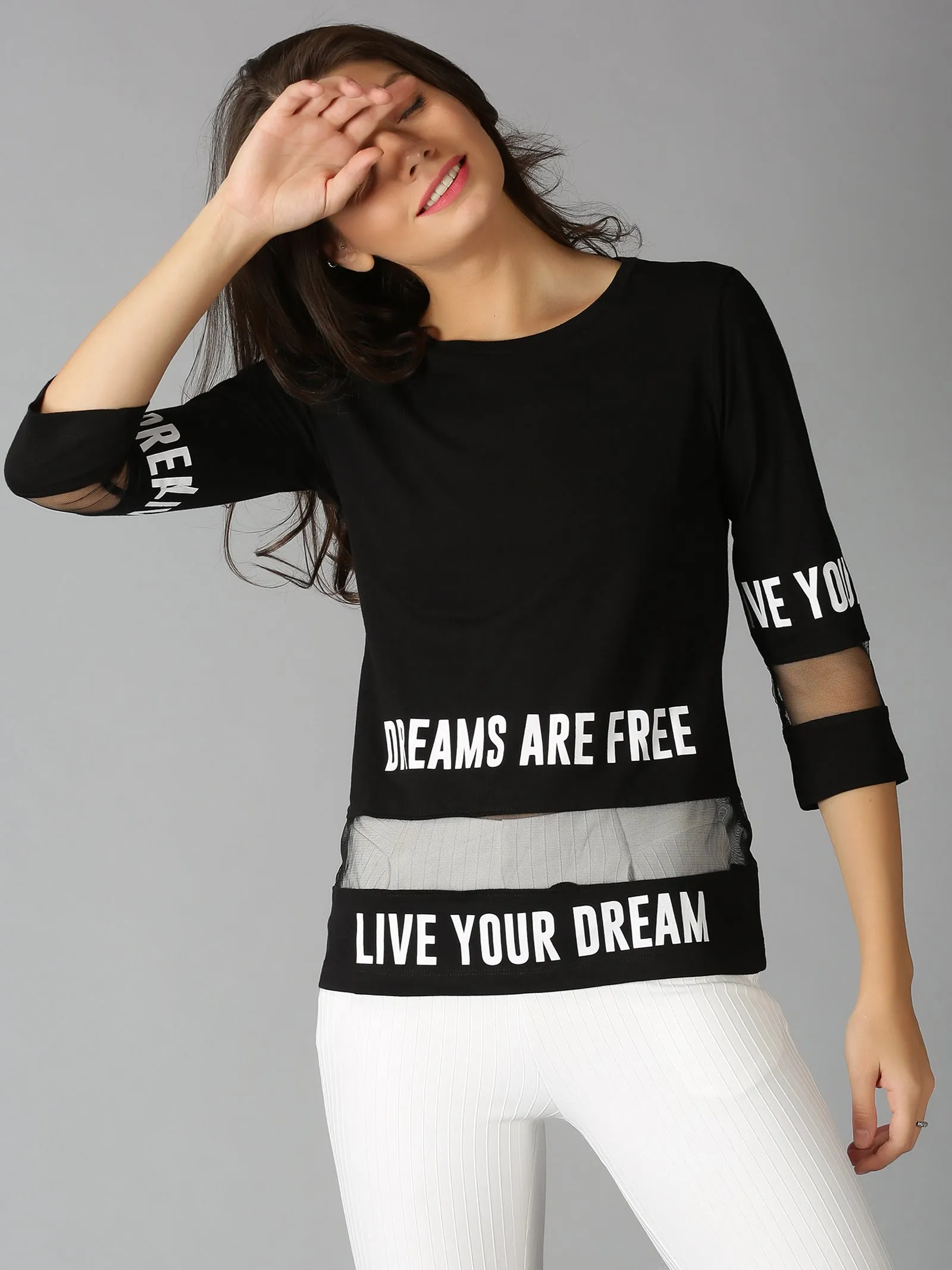 Women Black Typographic Printed Round Neck Casual T-Shirt