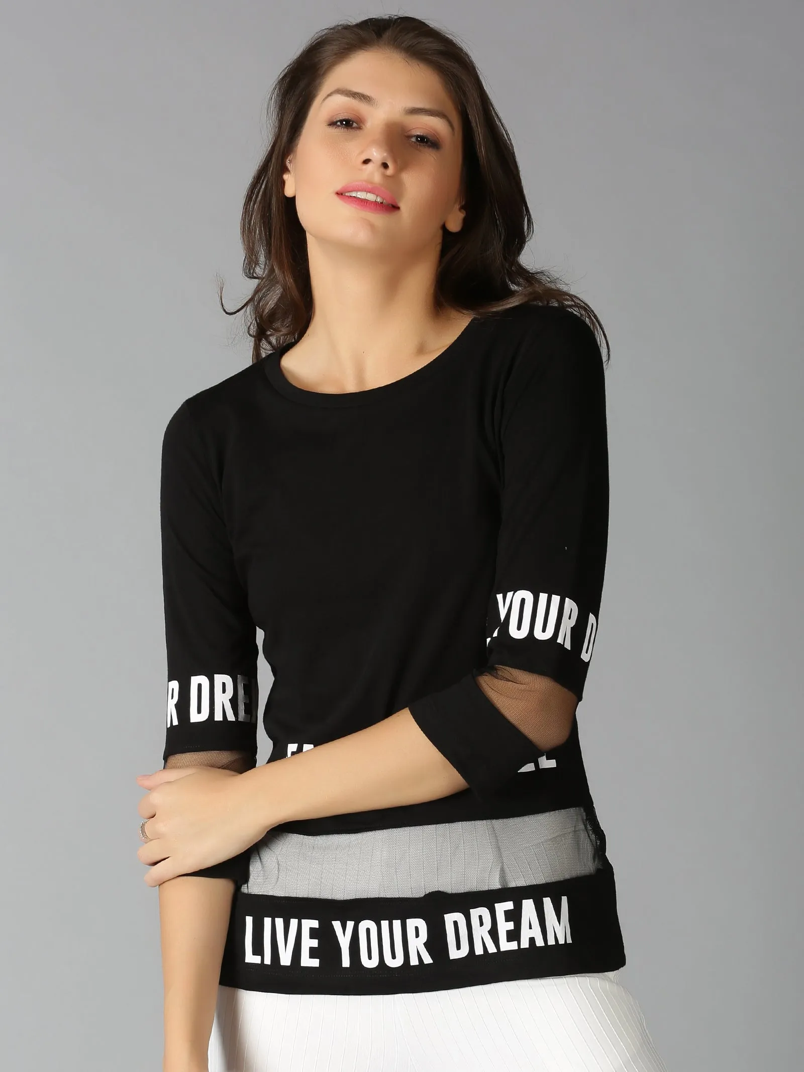 Women Black Typographic Printed Round Neck Casual T-Shirt